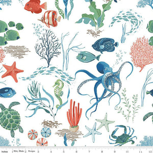 Free as the Ocean Main White Cotton Fabric