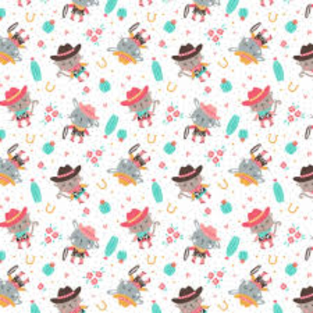 Cowgirl Kitty Soft Flannel White Fabric