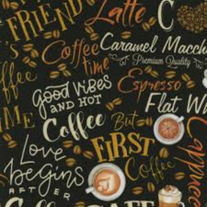 For Love Of Coffee Words Black Cotton Fabric