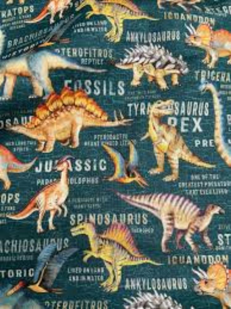 Dinosaur Land Teal Cotton Fabric