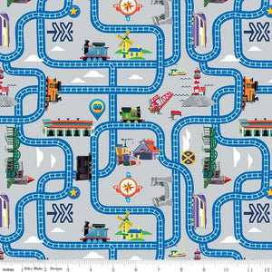 Thomas the Train Full Steam Ahead Tracks Gray Cotton Fabric - 1 Yard Precut