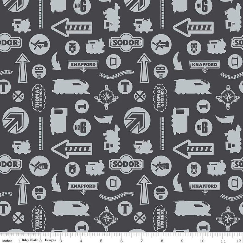 Thomas the Train Full Steam Ahead Tonal Charcoal Cotton Fabric