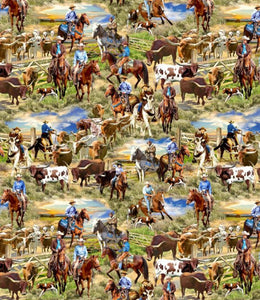 Big Sky Country Cattle Drive Blue Cotton Fabric