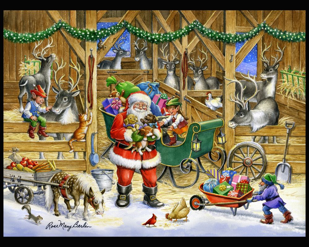 Reindeer Barn Santa Panel Cotton Fabric