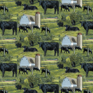 Black Angus Cow Scenic Cotton Fabric