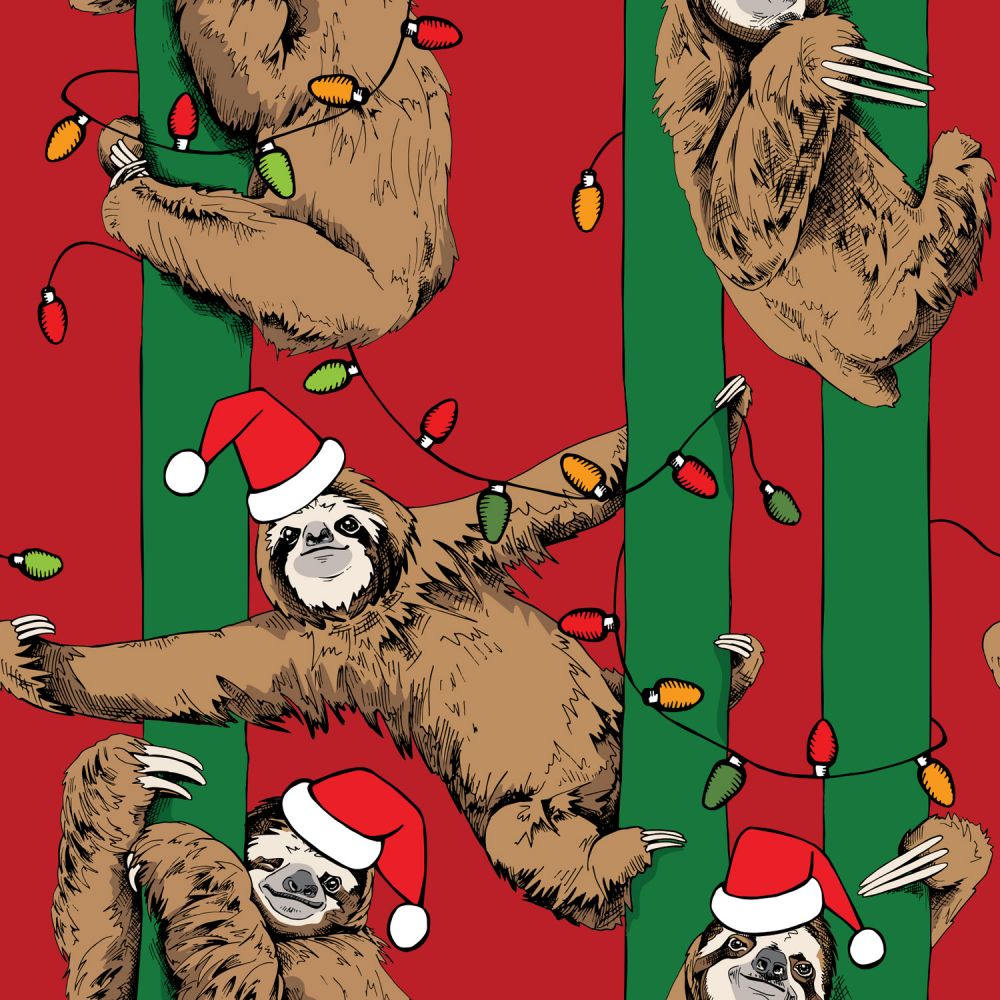 Sloth Christmas Red Cotton Fabric
