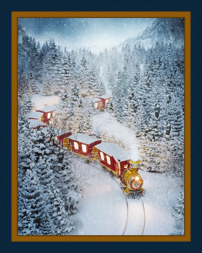 Christmas Train Panel Cotton Fabric