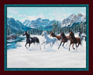 45" Winter Frolic Horse Cotton Panel Fabric