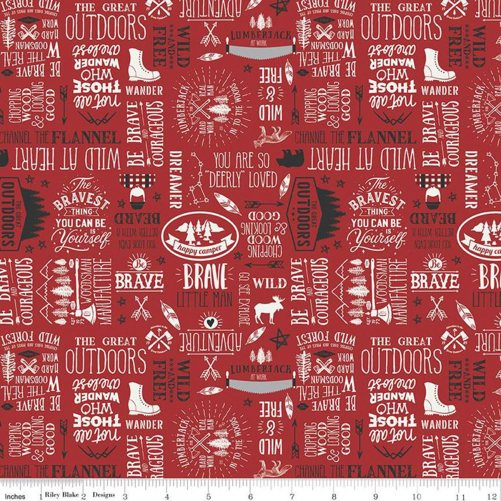 Woodsman Text Red Cotton Fabric