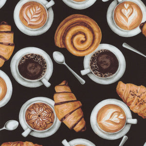 For Love Of Coffee and Pastries Black Cotton Fabric