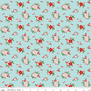 Pixie Noel 2 Poinsettias Aqua Cotton Fabric