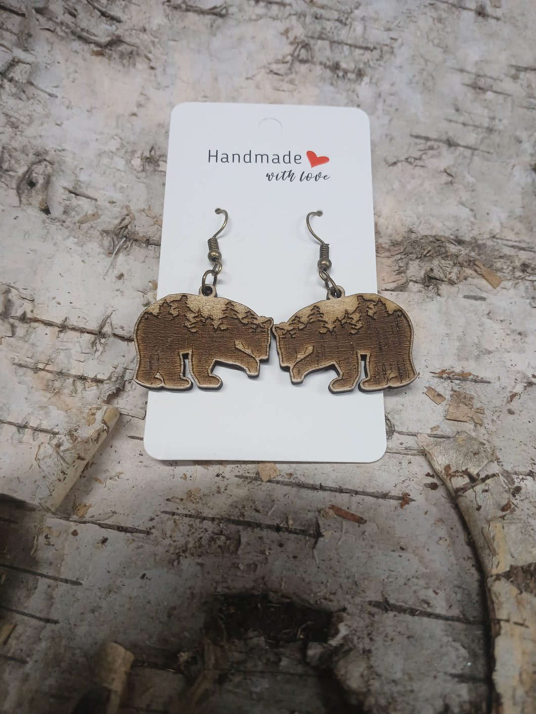 Handmade with Love - Natural Wood Bear Forest Scenic Earrings