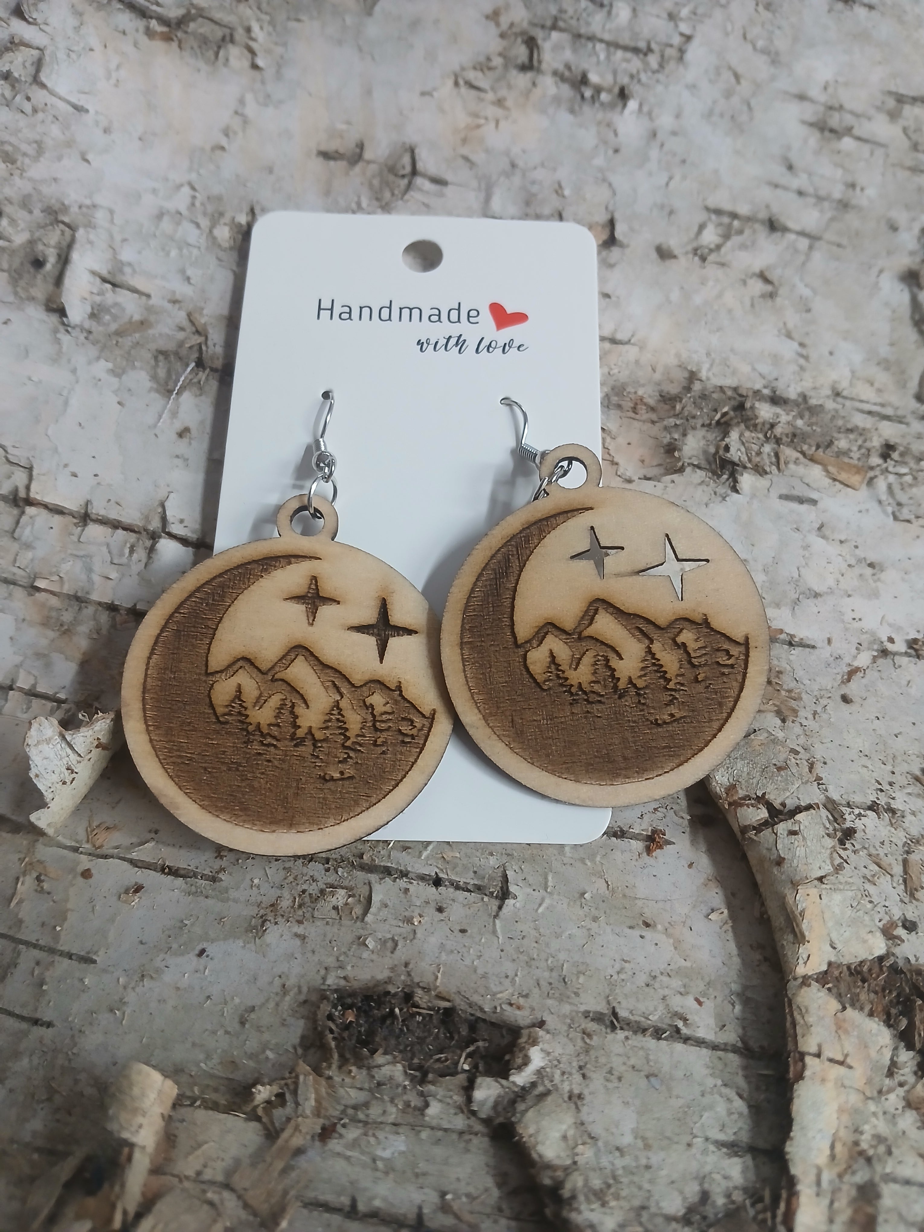 Handmade with Love Natural Wood Crescent Moon Mountain Earrings
