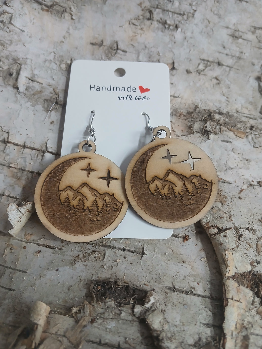 Handmade with Love - Natural Wood Crescent Moon Mountain Earrings