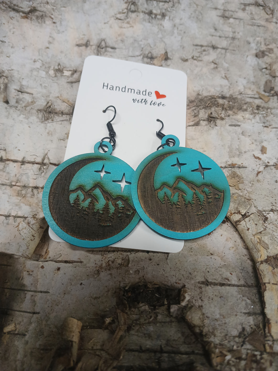 Handmade with Love - Natural Wood Crescent Moon Mountain Earrings