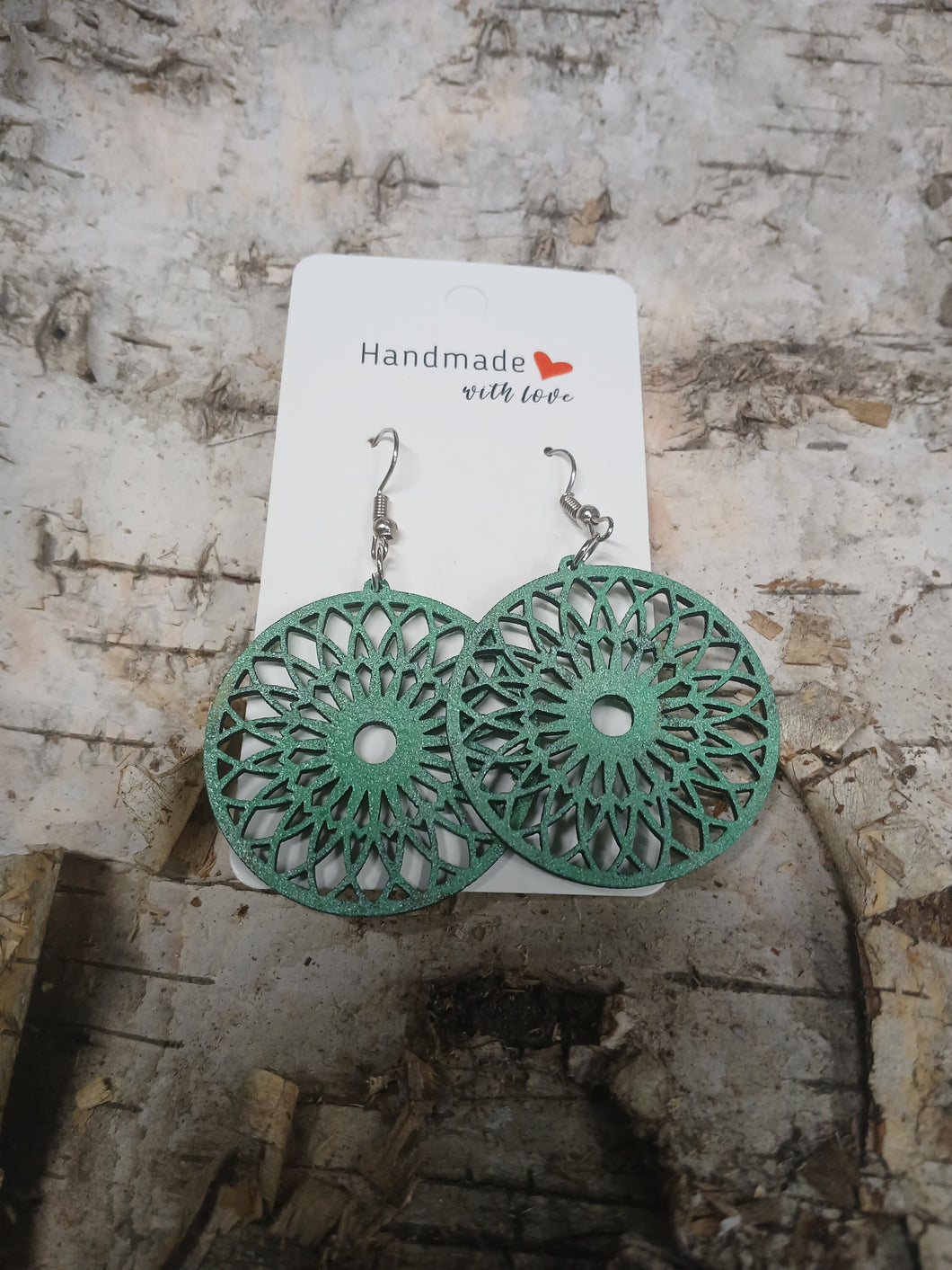 Handmade with Love - Natural Wood Green Medallion Earrings