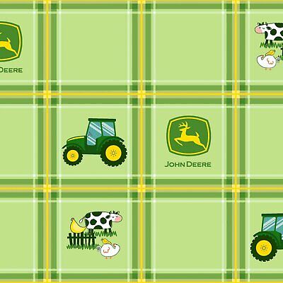 John Deere Tractor Toss Green Plaid Cotton Fabric