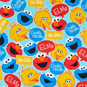 Sesame Street Heads Big Bird, Elmo, Cookie Aqua Cotton Fabric