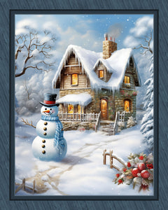 Snowman Cottage Panel Cotton Fabric