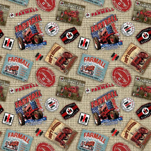 Farmall Tossed Logos Natural Cotton Fabric