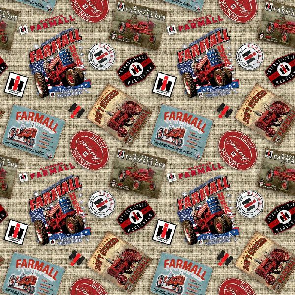 Farmall Tossed Logos Natural Cotton Fabric