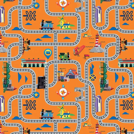 Thomas and Friends Full Steam Ahead Tracks Orange Cotton Fabric