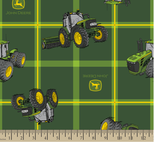 John Deere Square Plaid Tractors Green Cotton Fabric