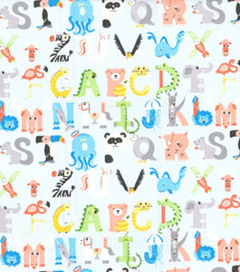 Alphabet Animals on Blue Nursery Cotton Fabric