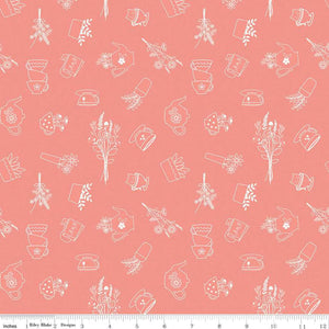 Afternoon Tea Sketches Salmon Cotton Fabric