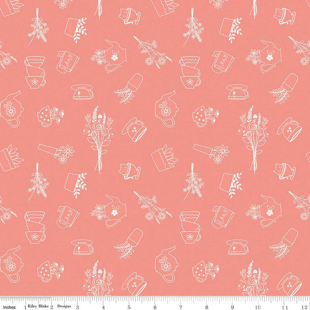 Afternoon Tea Sketches Salmon Cotton Fabric