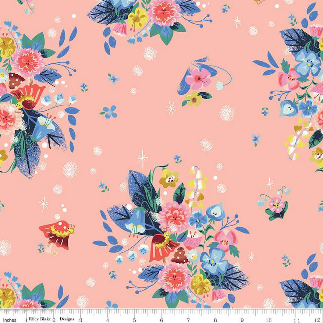 Down the Rabbit Hole Caterpillar Floral Coral ROT Cotton Fabric