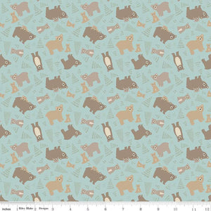 Elmer & Eloise Bears Aqua Flannel Fabric