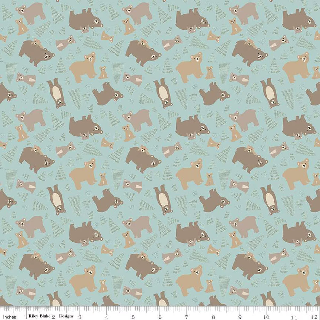 Elmer & Eloise Bears Aqua Flannel Fabric