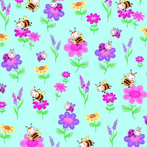 Flowers and Bees Blue Comfy Flannel Fabric