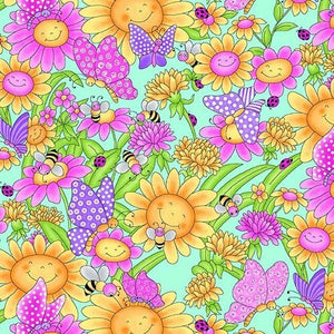 Smiling Daisies and Bees Multi Comfy Prints Flannel Fabric