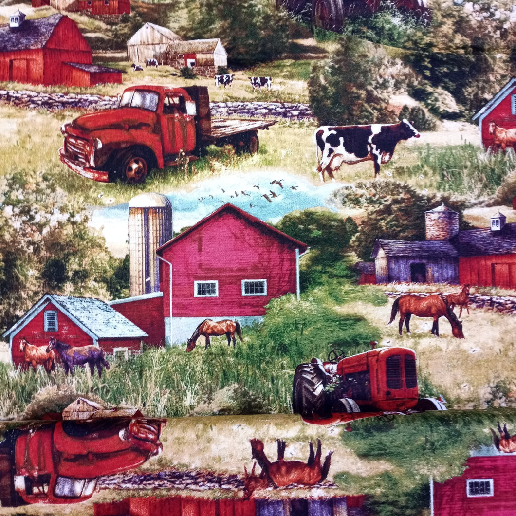 Farm Barns & Trucks Red Cotton Fabric