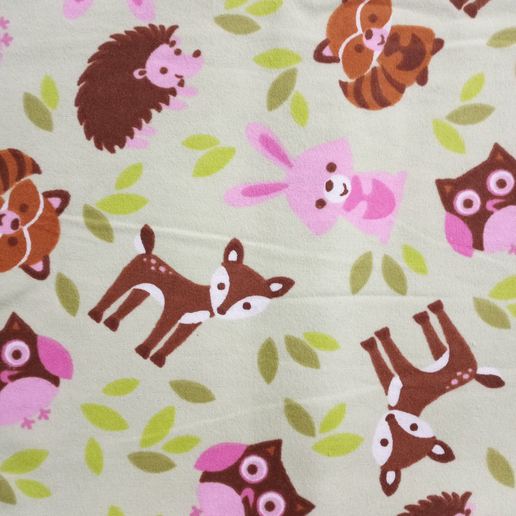 Baby Animals Woodland Green Flannel Fabric