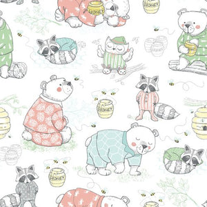 Sleepy Bears, Raccoons & Owls White Comfy Prints Flannel Fabric