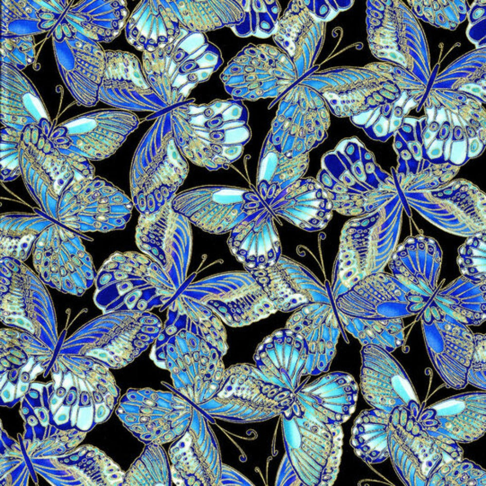 Butterflies Blue Metallic Cotton Fabric