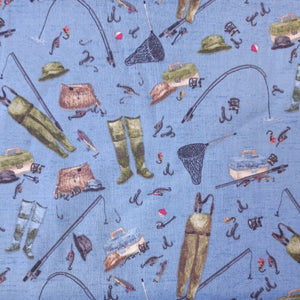 Fishing Gear At The Lake Blue Cotton Fabric