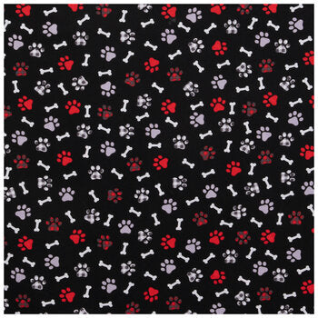 Black & Red Plaid Paw Prints Cotton Calico Fabric