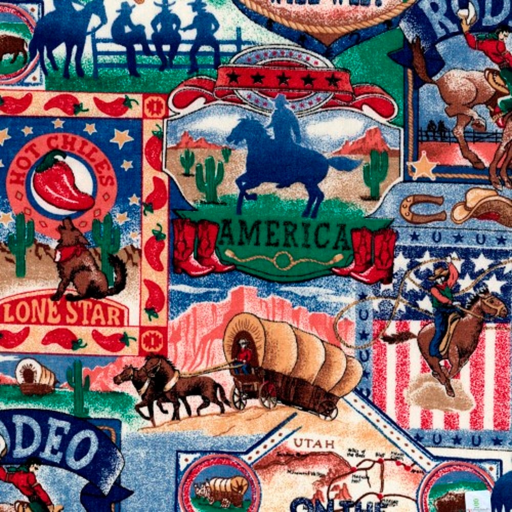 Western Rodeo Scenic & Blue Cotton Fabric