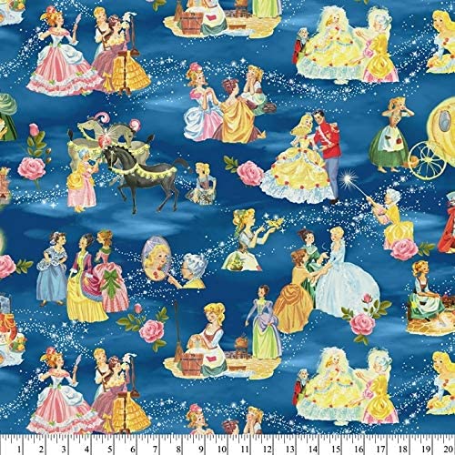 Disney Princess Cinderella Blue Fairytale Cotton Fabric