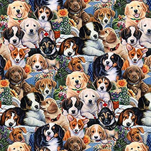 Puppies Flowers Cotton Fabric
