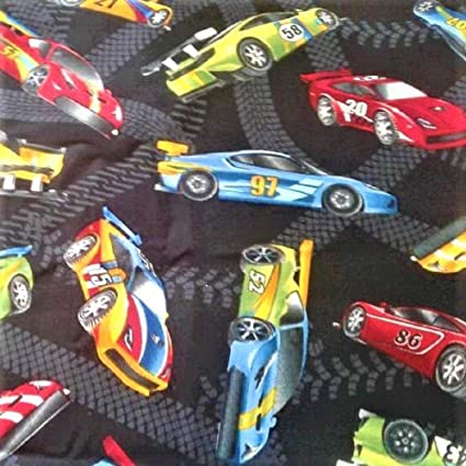 Race Cars Tire Tracks Cotton Fabric