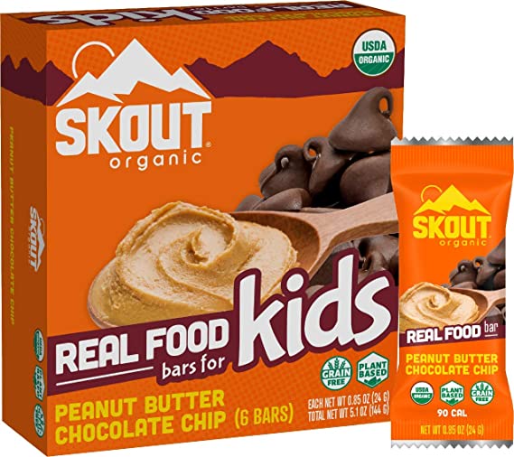 Skout Organic Peanut Butter Chocolate Chip Real Food Bars for Kids (6 Pack) | Organic Snacks for Kids | Plant-Based Nutrition, | Vegan | Gluten, Dairy, Grain & Soy Free