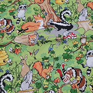 Baby Animals Cartoon Green Forest Cotton Fabric