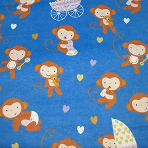 Baby Animals Monkeys Blue Flannel Fabric