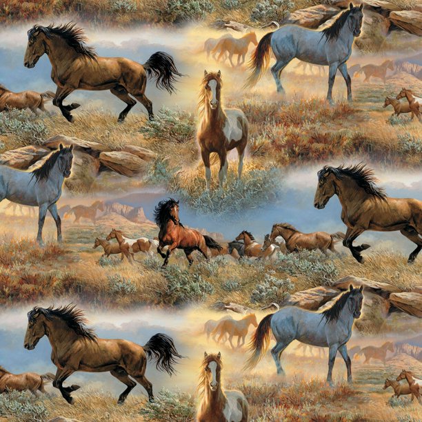 Horses in The Prairies Cotton Fabric