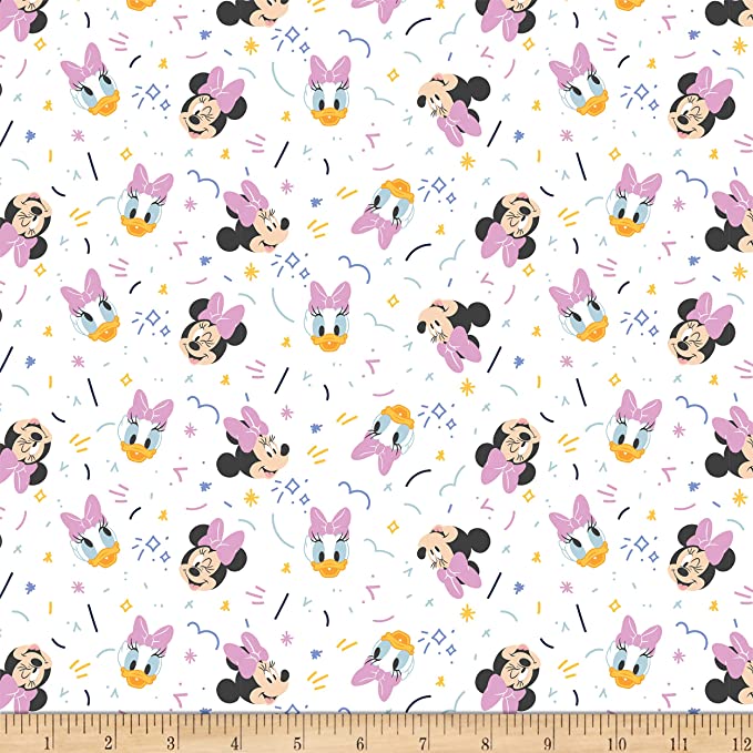 Disney Mickey Mouse Play All Day Girl White Cotton Fabric by the Yard